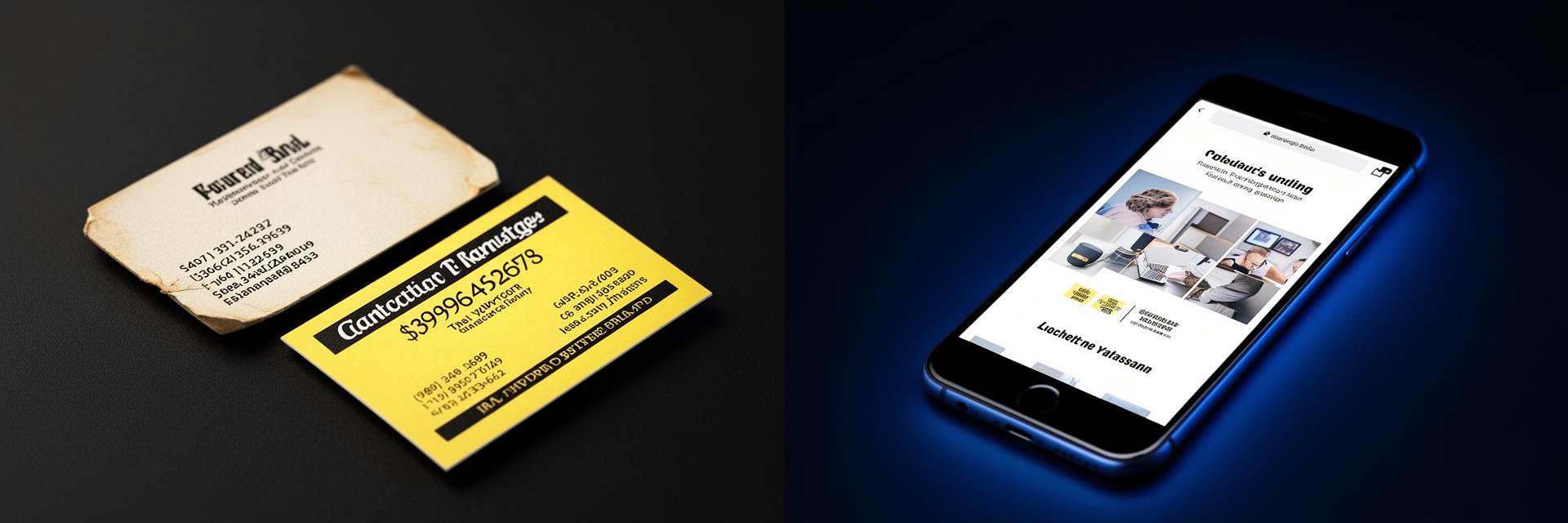 Old business cards vs modern website on smartphone